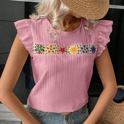 Women's Ruffle Short Sleeve Summer Tops Cute Crew Neck Floral Crochet Blouses Shirts - Gizmo Galaxy
