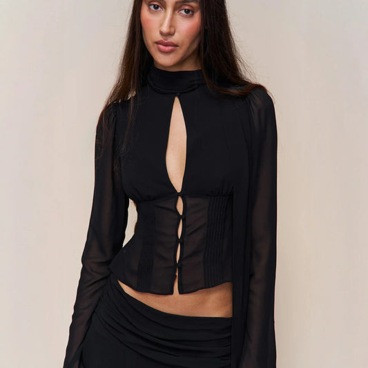 Blouse With Hollow-out Buttons And A Ribbon Tie At The Waist - Gizmo Galaxy