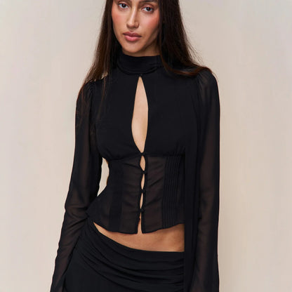 Blouse With Hollow-out Buttons And A Ribbon Tie At The Waist - Gizmo Galaxy