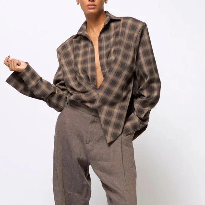 Women's Plaid Low Collar Shirt - Gizmo Galaxy