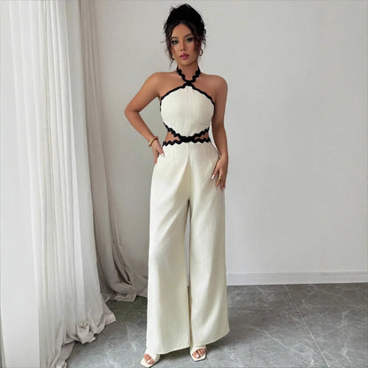Women's Fashionable Wave Lace Texture Halter Stitching Hollow-out Jumpsuit - Gizmo Galaxy