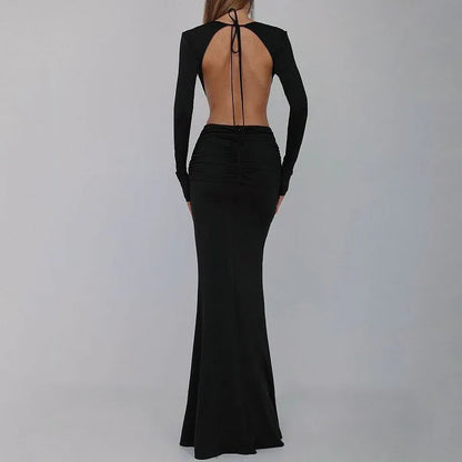 Sexy V-neck Backless Long Sleeves Skirt Waist Decorative Flower Split Fishtail Gown Dress Long - Gizmo Galaxy