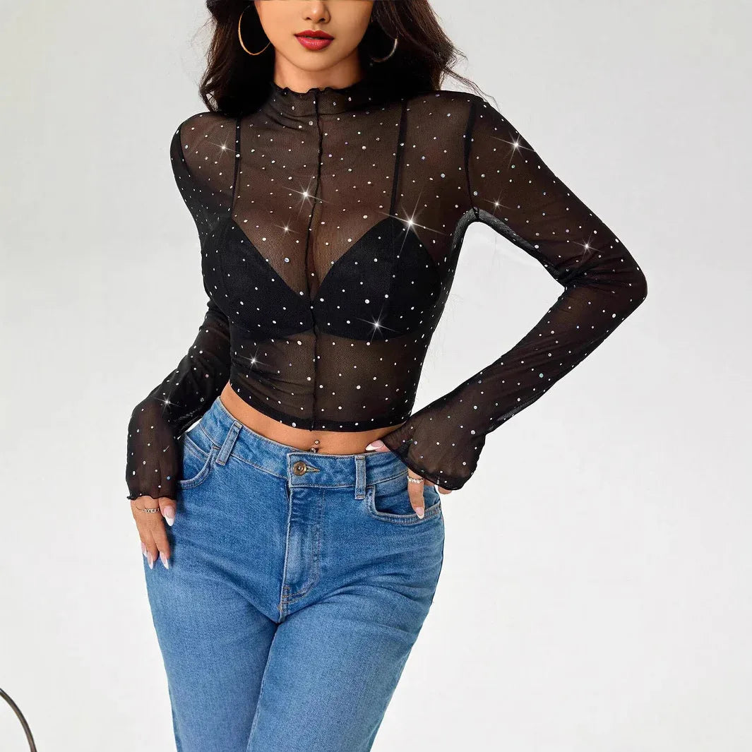 Stand-up Collar Long-sleeved Mesh Transparent Sequined Decorative T-shirt Top - Gizmo Galaxy