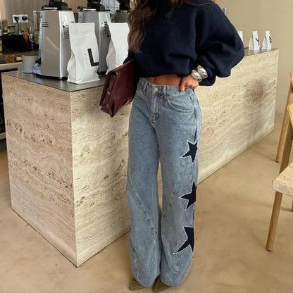 Fashion Casual Five-pointed Star Loose Straight Leg Denim Pants - Gizmo Galaxy