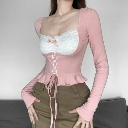 Lace Edge Waist Trimming Lace Up Long Sleeve Waist-controlled Top Women - Gizmo Galaxy