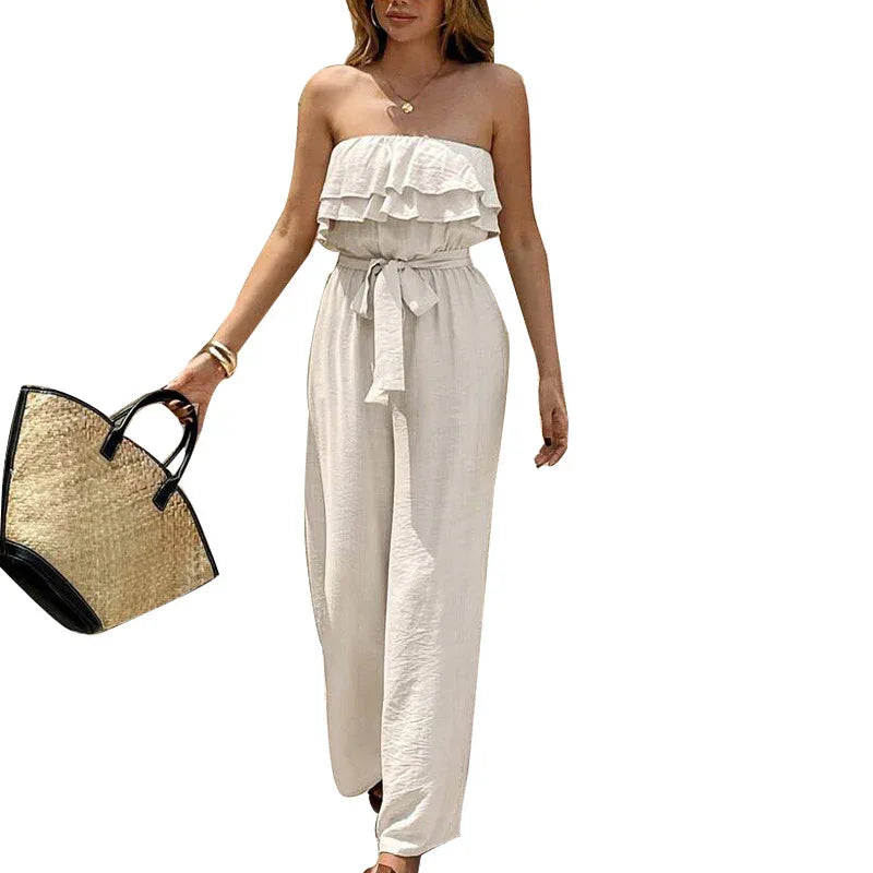 Women's Summer Sleeveless Tube Top Jumpsuit Ruffled Tied Jumpsuit - Gizmo Galaxy