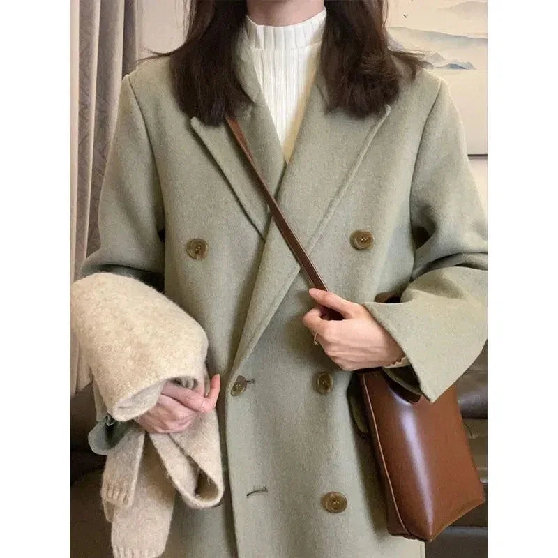 Socialite Style Matcha Green Woolen Coat For Women - Gizmo Galaxy