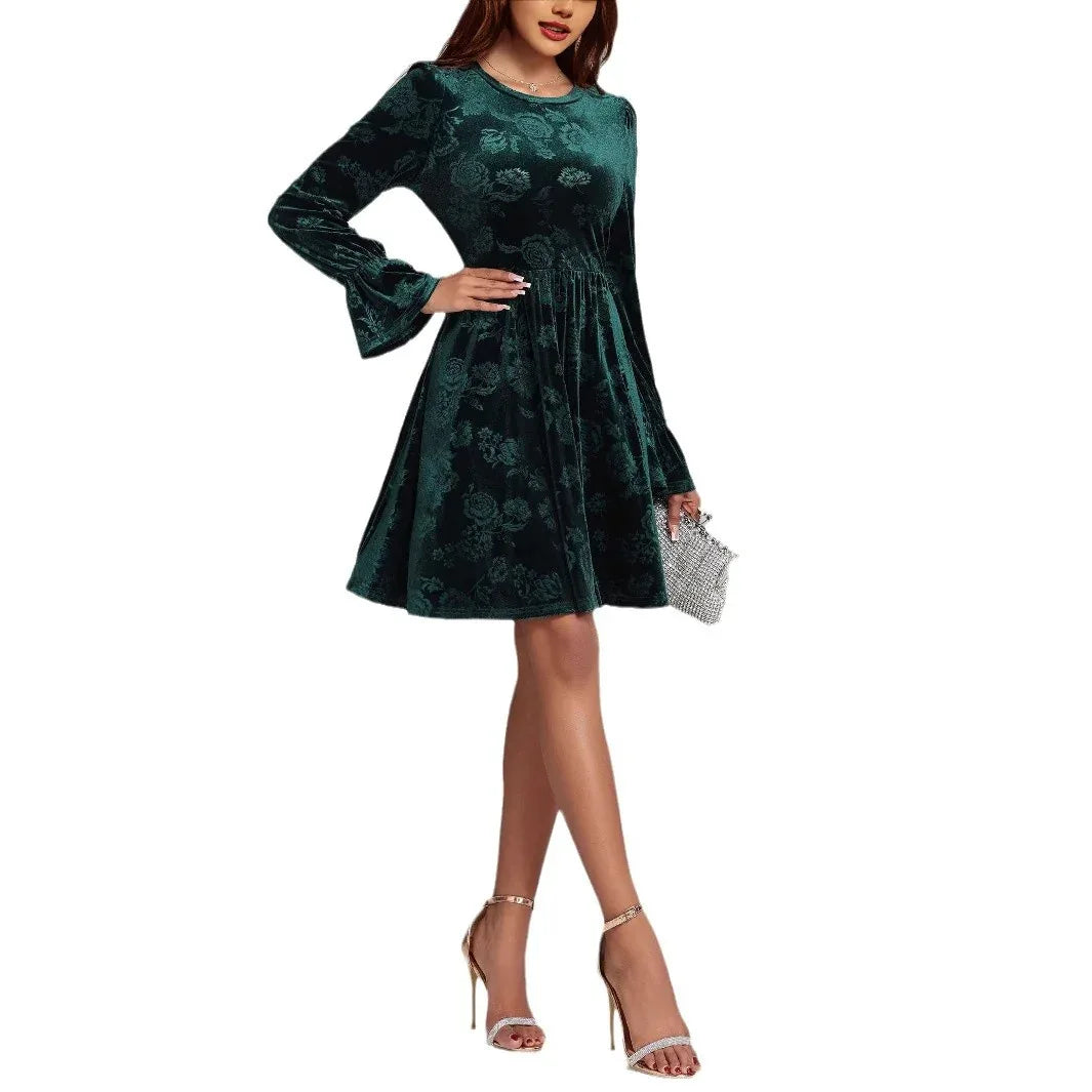 Women's Casual Long-sleeve Printed Velvet Dress - Gizmo Galaxy