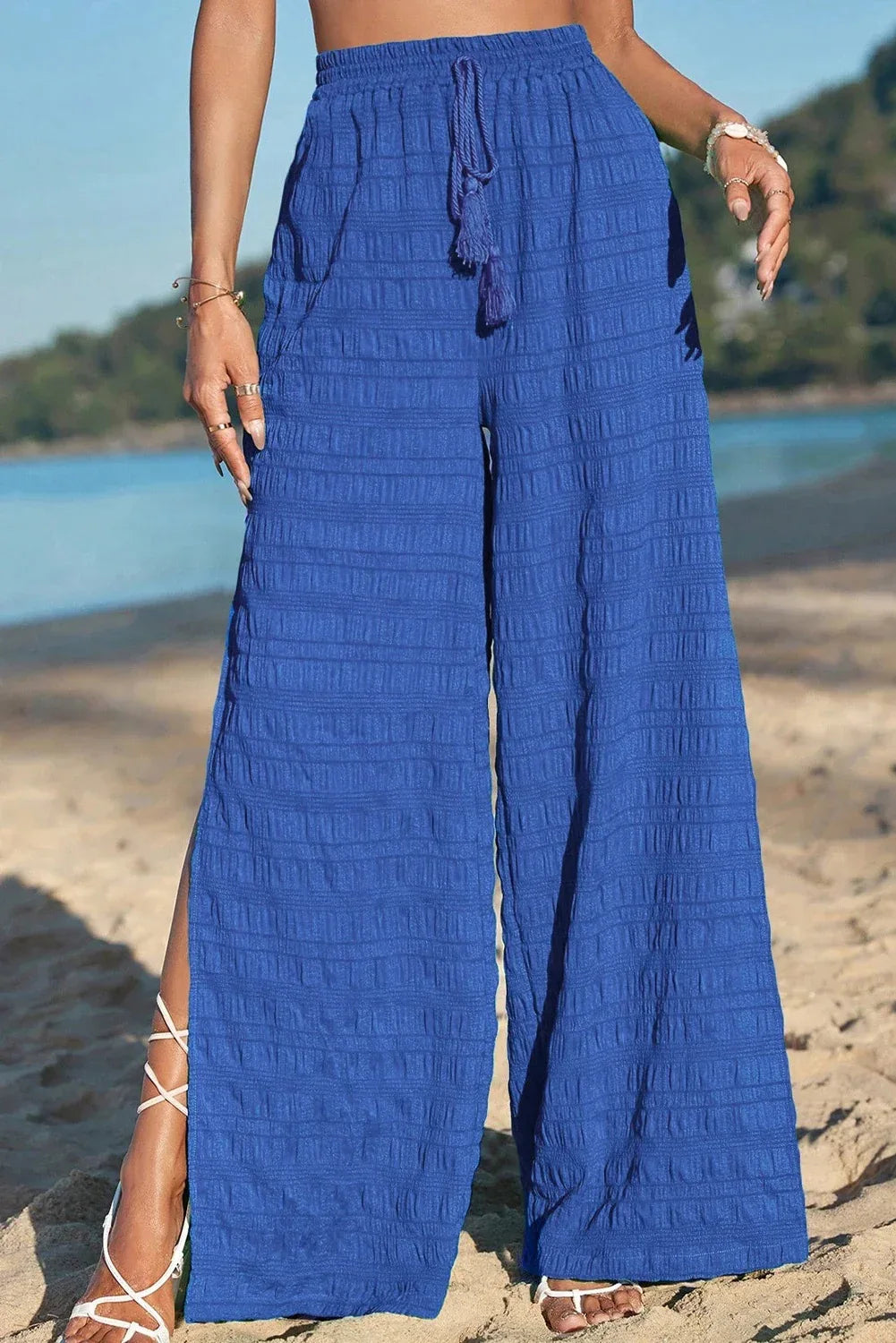 Dark Blue Textured Wide-leg Pants With Slits - Gizmo Galaxy