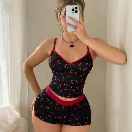 Cherry-printed Sexy And Sweet Pajama Set - Gizmo Galaxy