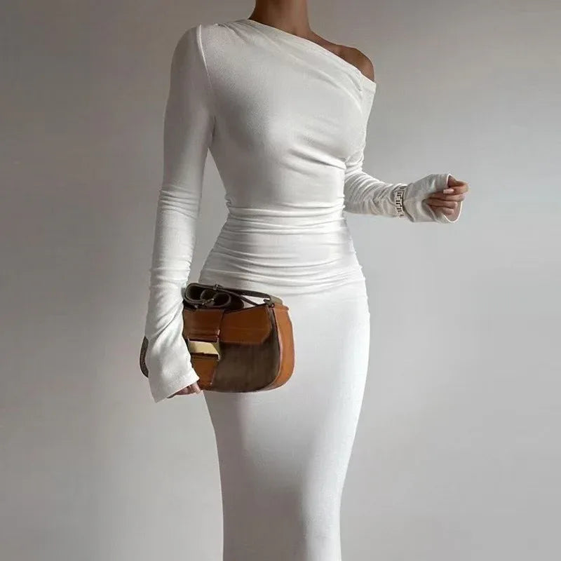 Women's OffshoulderLong-sleeve Figurehugging Pleated Maxi Dress - Gizmo Galaxy