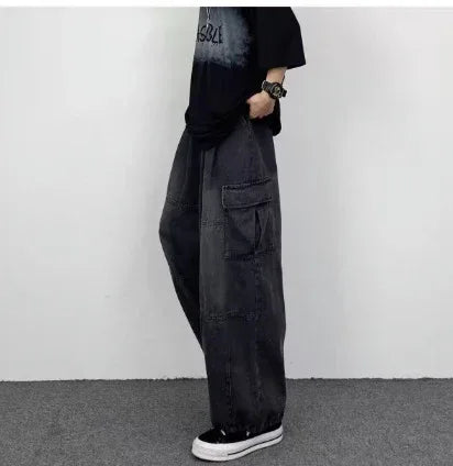 Niche Design Women's Retro Loose Patch Pocket Workwear Denim Jeans - Gizmo Galaxy