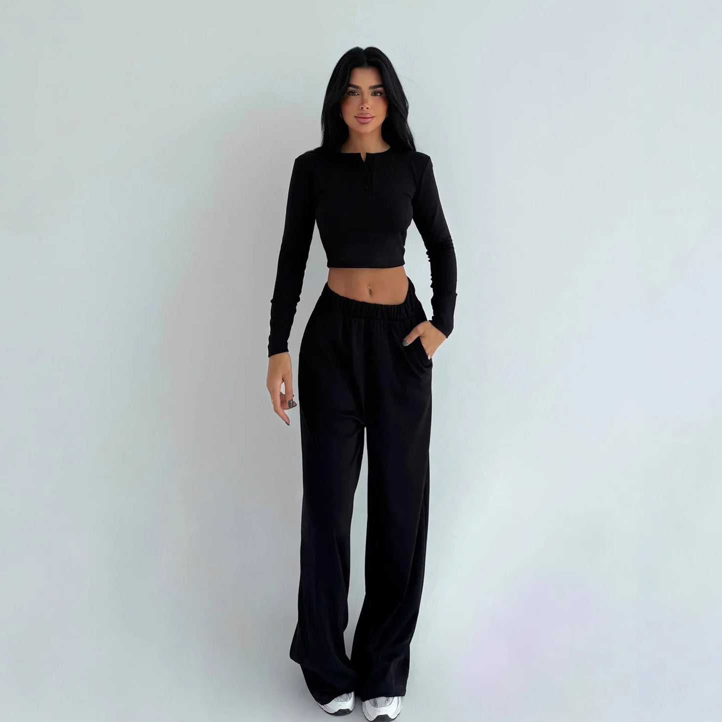 Women's Solid-color Casual Crew-neck Button-up Long-sleeve Top And Trousers - Gizmo Galaxy