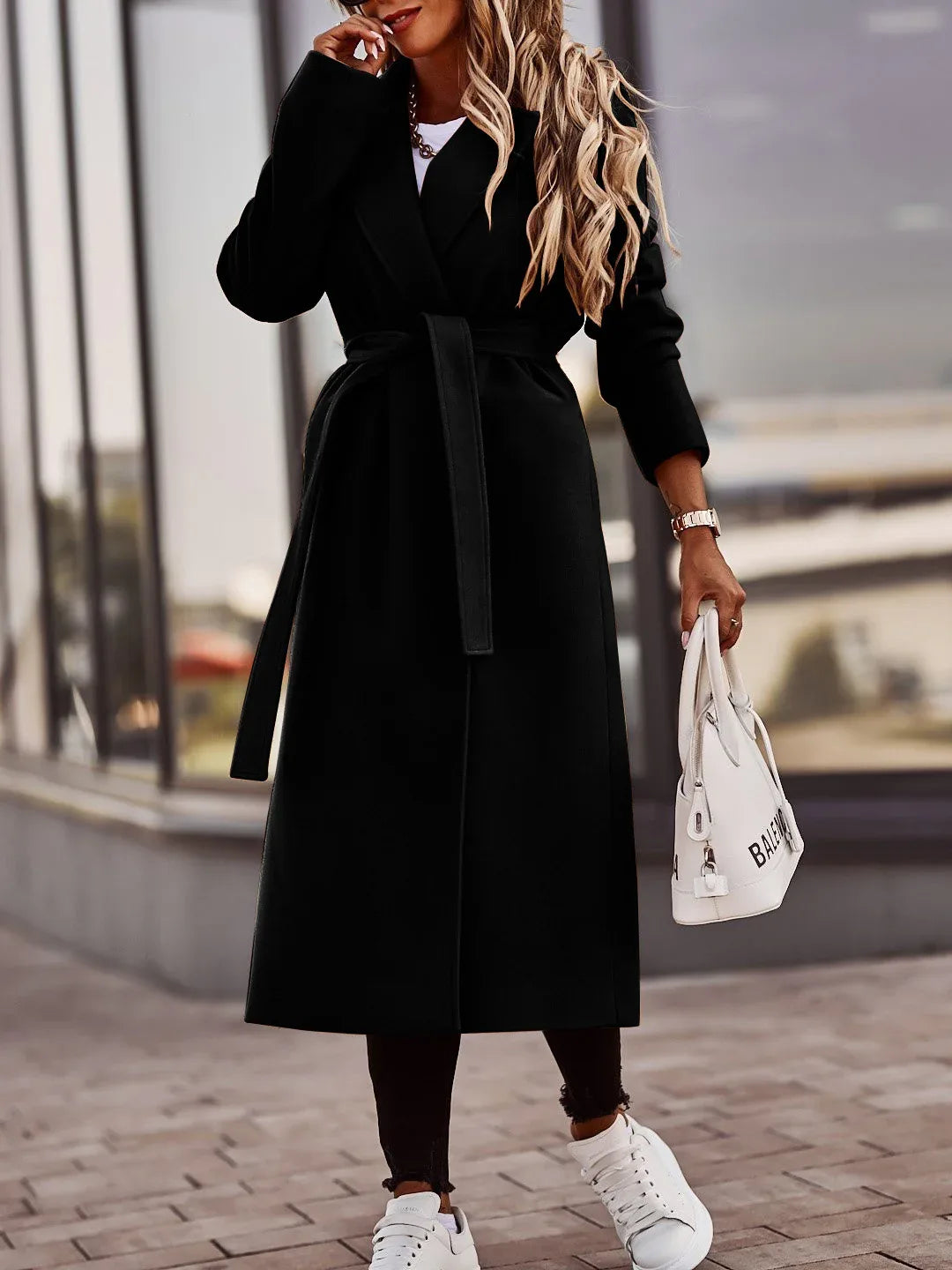 Autumn And Winter Simplicity Long Sleeve V-neck Lace Up Woolen Coat Top Women - Gizmo Galaxy