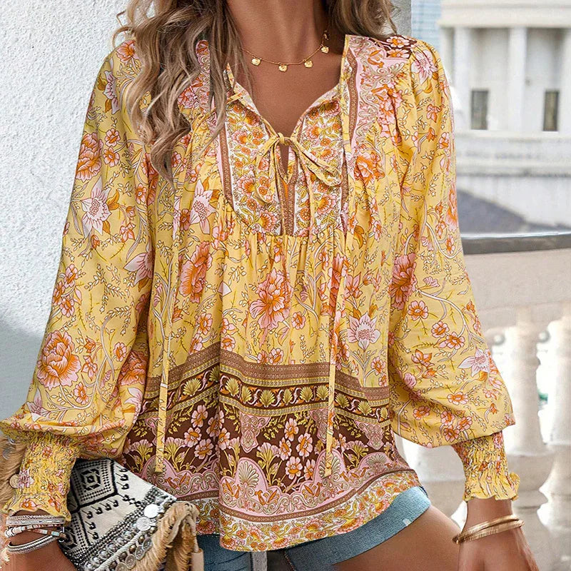 Wpmens Boho Chic Long Sleeve Blouse Floral Print V-Neck Top With Lace-Up & Drawstring Detail Elegant Vacation Shirt - Gizmo Galaxy