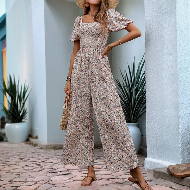 Square Collar Puff Sleeve Vacation Style Floral Jumpsuit - Gizmo Galaxy