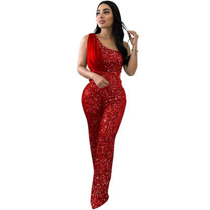 Women's Solid Color Sleeveless One-shoulder Sequined Trousers Jumpsuit - Gizmo Galaxy