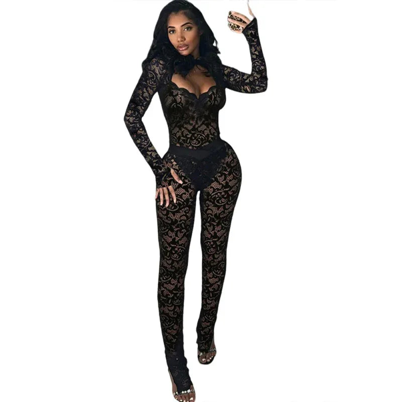 Fashion Solid Color Lace See-through Hollow Out Stitching Slim Fit Sexy - Gizmo Galaxy