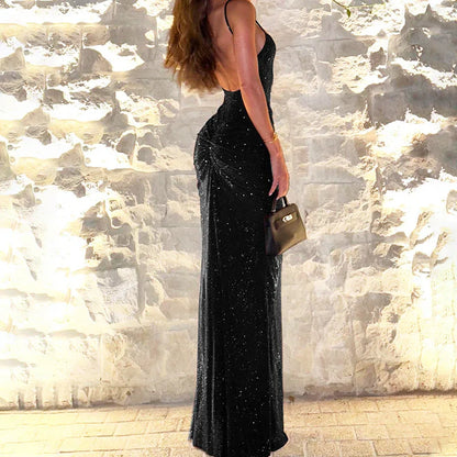 Women's Sexy Backless Gold-Embossed Pleated Bodycon Elegant Slip Dress - Gizmo Galaxy