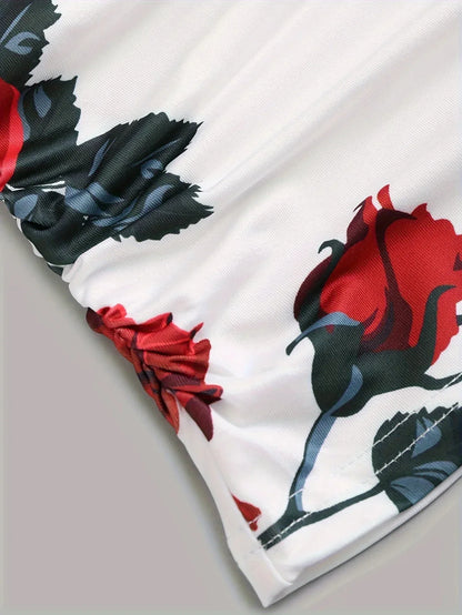 Spring And Summer New Women's Rose Print Pleated Suspender Cross Tank Top - Gizmo Galaxy