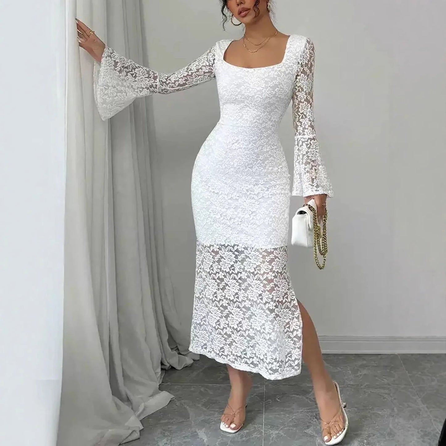 Fashionable Lace-Patchwork Square-Neck Flared-Sleeve Bodycon Dress - Gizmo Galaxy