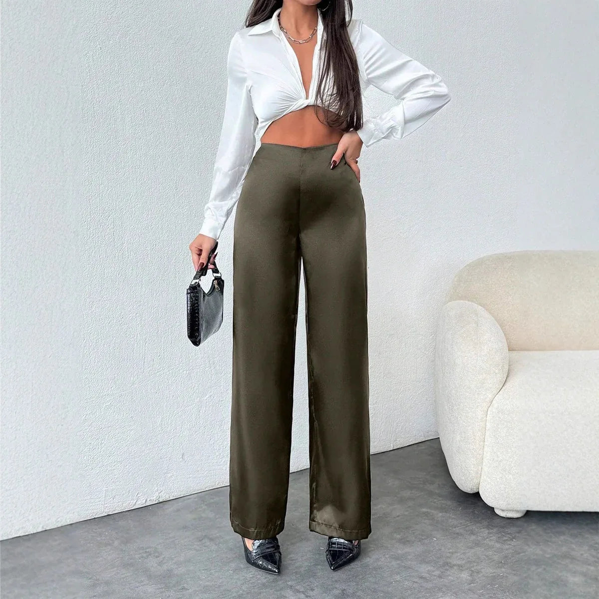Women's Solid-Colored Casual Loose Satin Wide-Leg Pants - Gizmo Galaxy