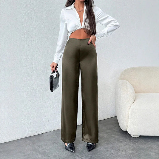Women's Solid-Colored Casual Loose Satin Wide-Leg Pants - Gizmo Galaxy