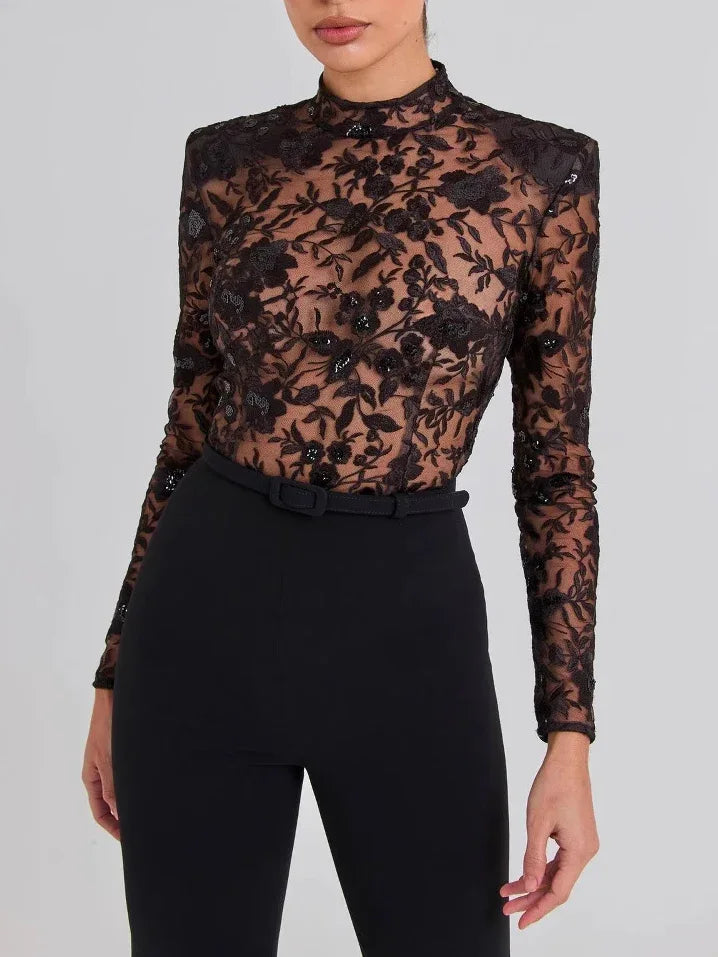 Black See-through Lace Long-sleeved Trousers Jumpsuit - Gizmo Galaxy