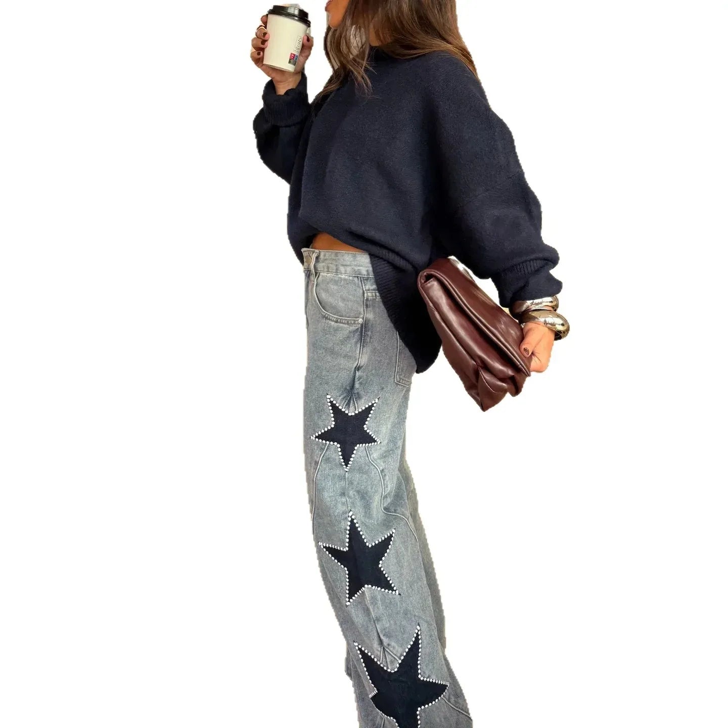 Fashion Casual Five-pointed Star Loose Straight Leg Denim Pants - Gizmo Galaxy