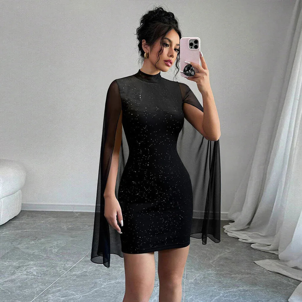 Stylish High-neck Dress Black Featuring Sparkling Rhinestones And Sequins Figure-hugging Fit Short Sleeves Mesh Patchwork - Gizmo Galaxy