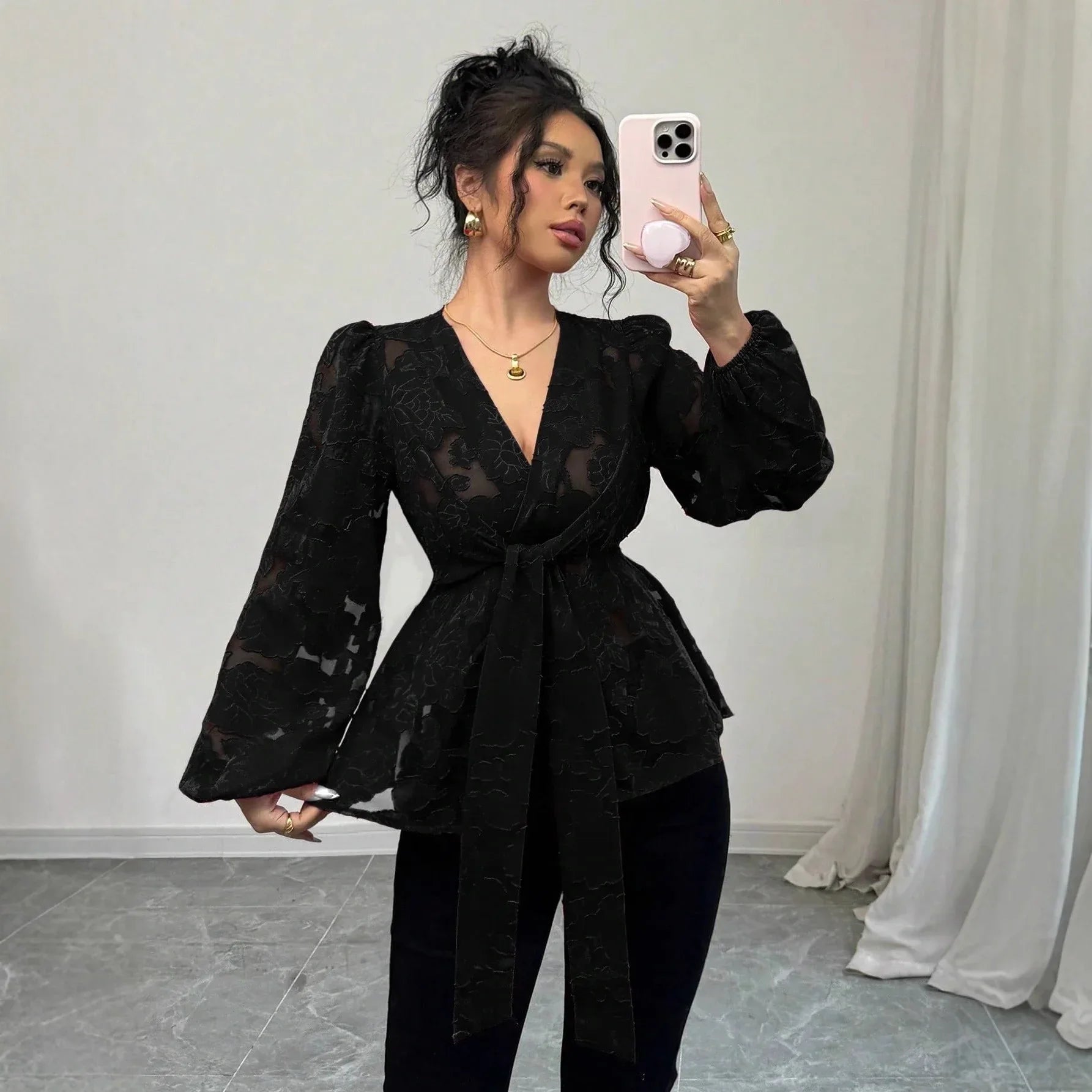 Fashionable Sexy Semi-transparent Long-sleeved V-neck Women's Shirt - Gizmo Galaxy