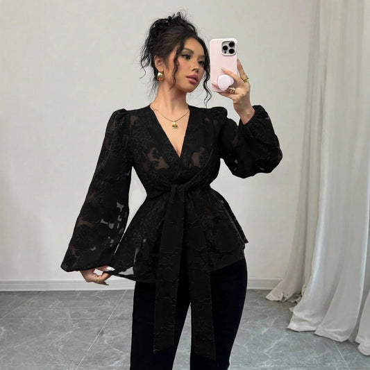 Fashionable Sexy Semi-transparent Long-sleeved V-neck Women's Shirt - Gizmo Galaxy