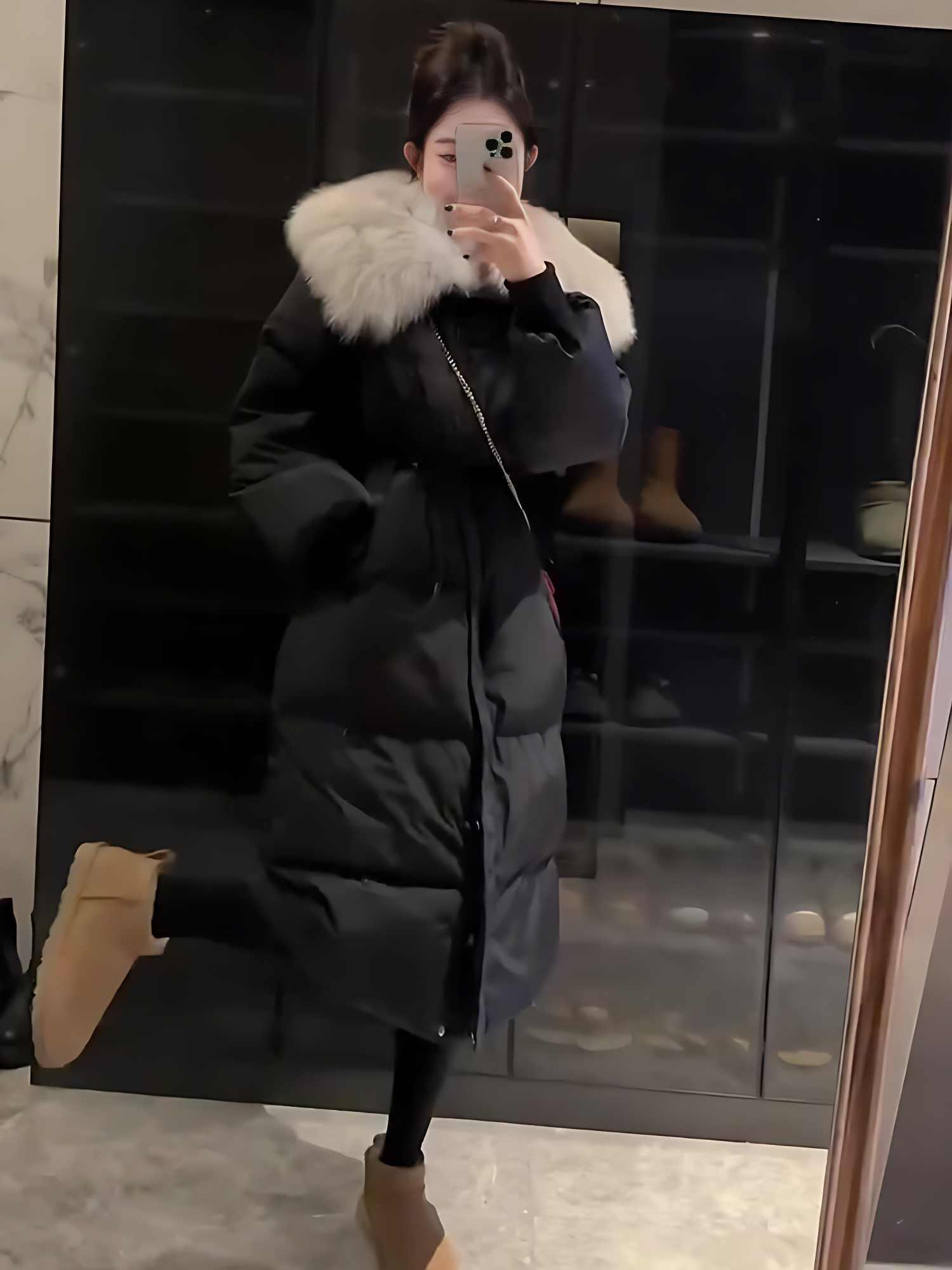 Fur Collar Overknee Long Jacket Women's Waist White Duck Down Coat - Gizmo Galaxy