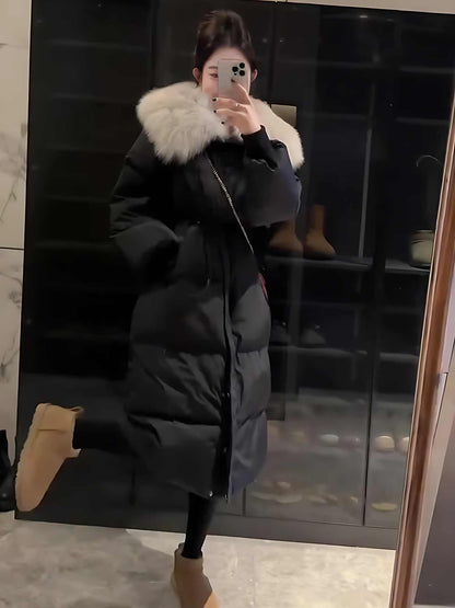 Fur Collar Overknee Long Jacket Women's Waist White Duck Down Coat - Gizmo Galaxy