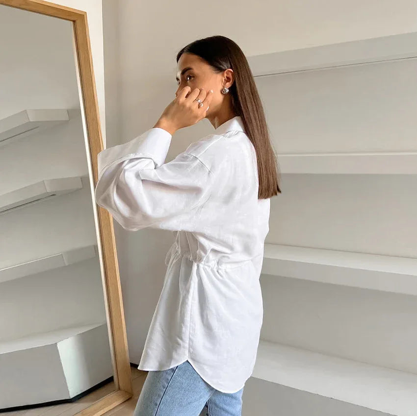 Women's Simple White Cotton And Linen Loose Lapels Shirt - Gizmo Galaxy