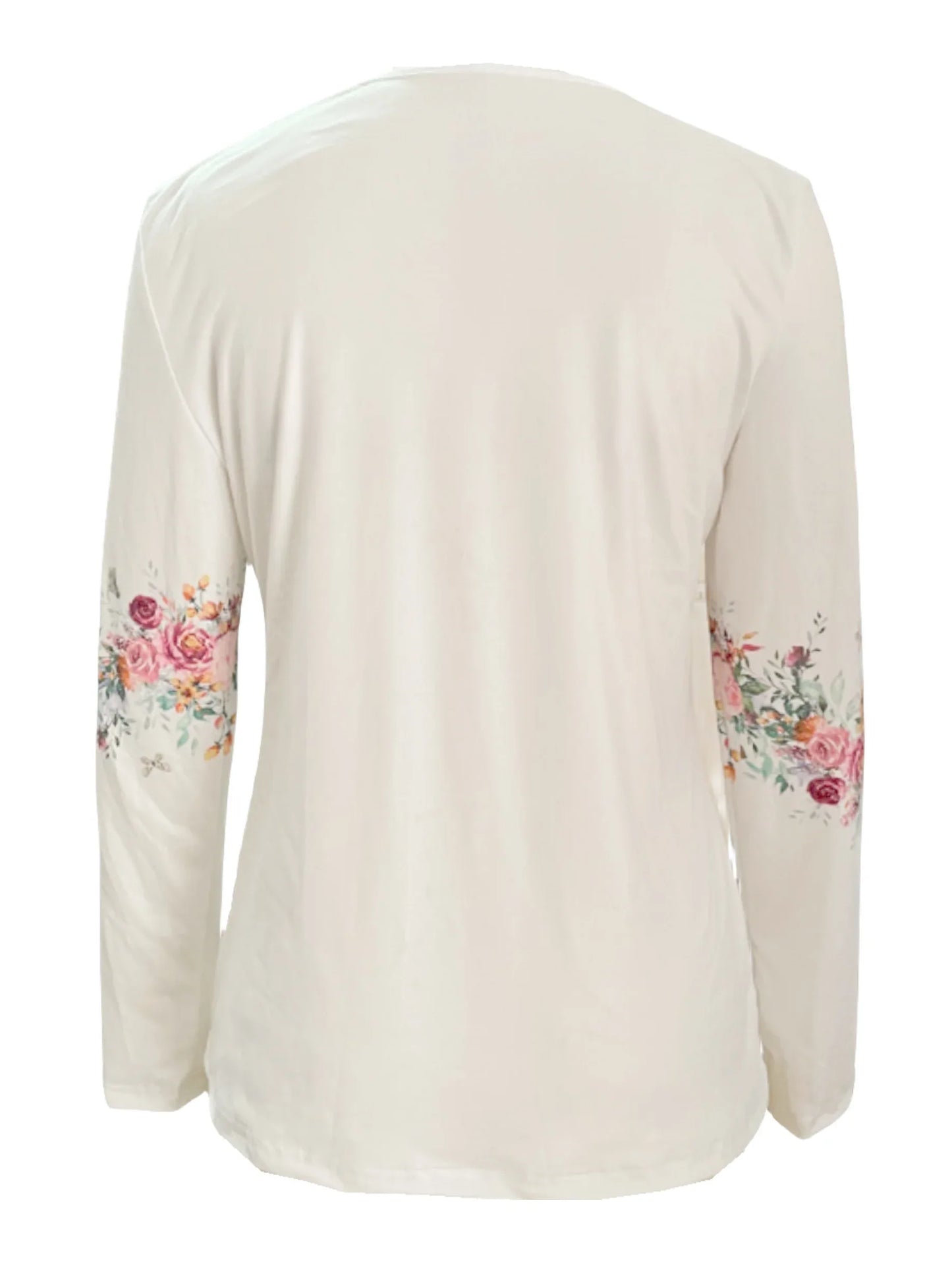 Spring And Autumn New Style White Buttoned Rose Print Long Sleeve T-shirt Casual Top - Gizmo Galaxy
