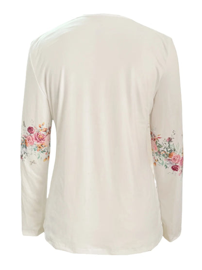 Spring And Autumn New Style White Buttoned Rose Print Long Sleeve T-shirt Casual Top - Gizmo Galaxy