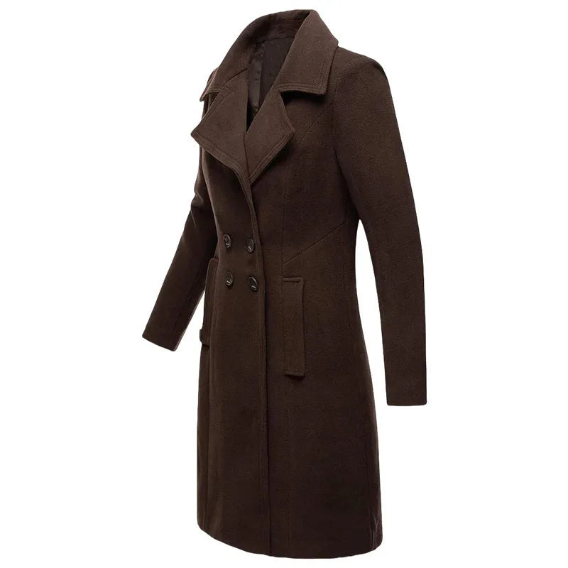 Long Woolen Women's Coat Indoor And Outdoor Casual Jacket Double Breasted - Gizmo Galaxy