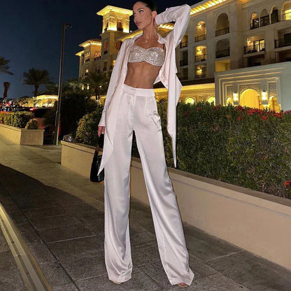 Two-piece Set Featuring A Lapel Long-sleeve Shirt And High-waisted Wide-leg Pants - Gizmo Galaxy