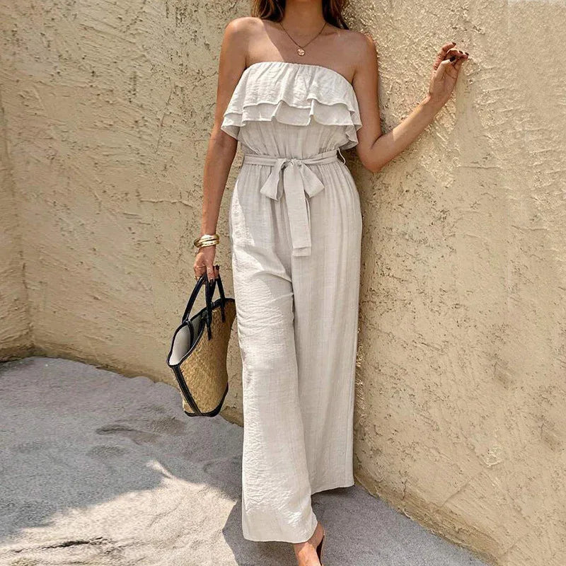Women's Summer Sleeveless Tube Top Jumpsuit Ruffled Tied Jumpsuit - Gizmo Galaxy