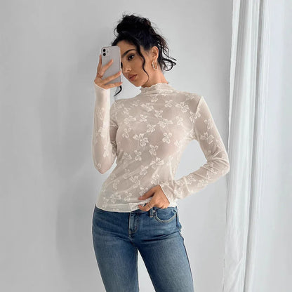 Butterfly Jacquard Mesh Slim Fit Stand-up Collar Long-sleeved - Gizmo Galaxy