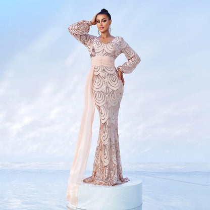 Long Sleeve Sexy Long Sequined V-neck Banquet Ribbon Evening Dress - Gizmo Galaxy