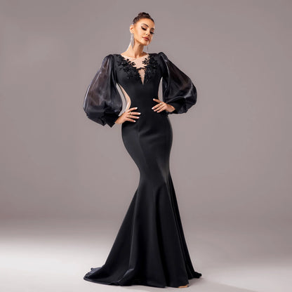 Long Sleeve Round Neck Banquet Applique Sheath Fishtail Dress - Gizmo Galaxy