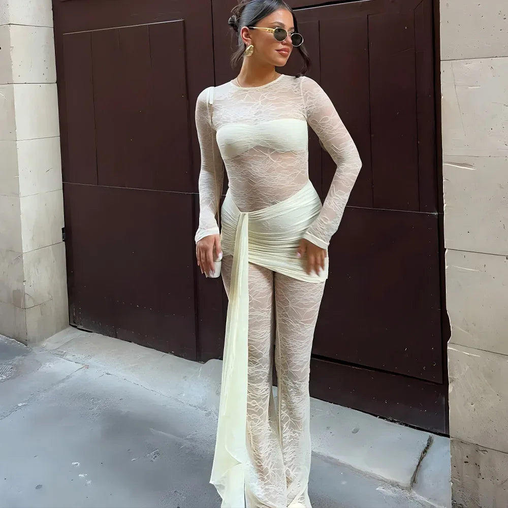 Sheer Lace Sexy Ribbon Slim Jumpsuit - Gizmo Galaxy