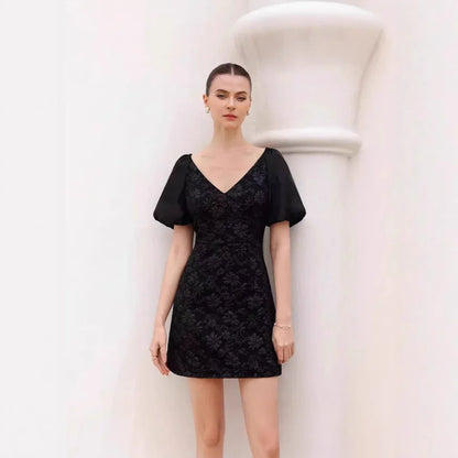 Retro Waist-Cinching Lace-Up Patchwork Pleated-Sleeve Dress - Gizmo Galaxy