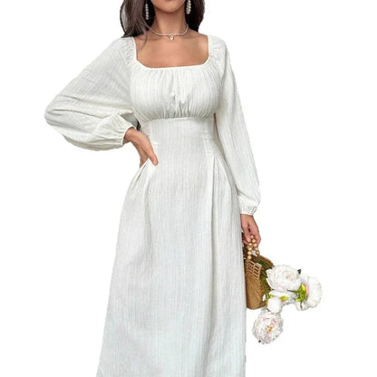 Women's Fashion Square-neck Tie-waist Figure-flattering A-line Dress With Long Sleeves And An Elegant Vibe - Gizmo Galaxy