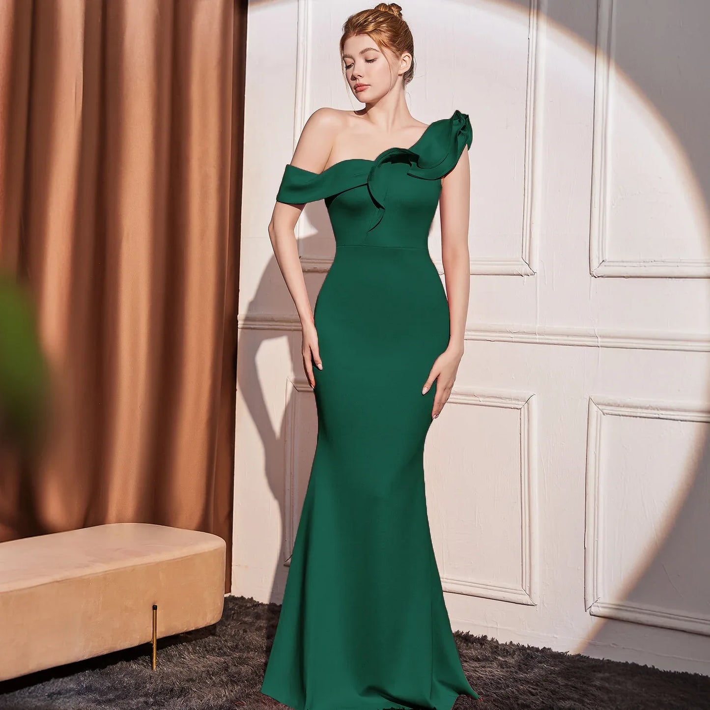High-end Slant Shoulder Slimming Long Dress - Gizmo Galaxy