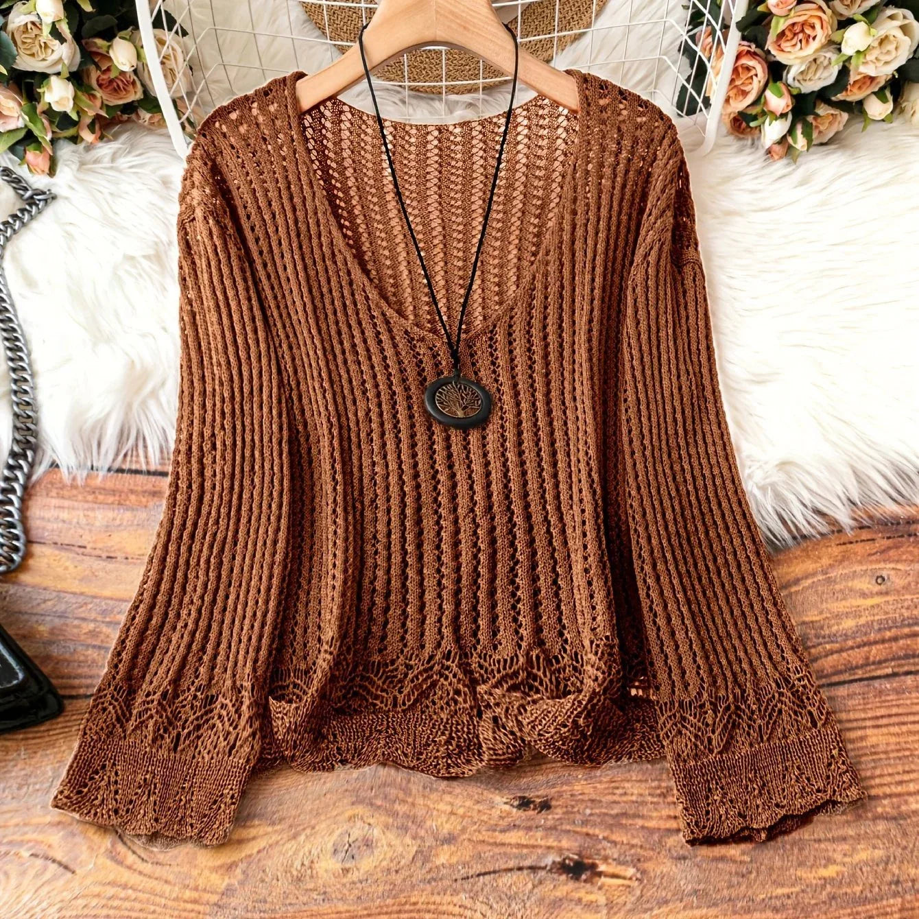 Hollow-out Spring And Summer Long Sleeves Knitted V-neck Plus Size Women's Long-sleeved Sweater - Gizmo Galaxy