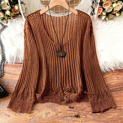Hollow-out Spring And Summer Long Sleeves Knitted V-neck Plus Size Women's Long-sleeved Sweater - Gizmo Galaxy