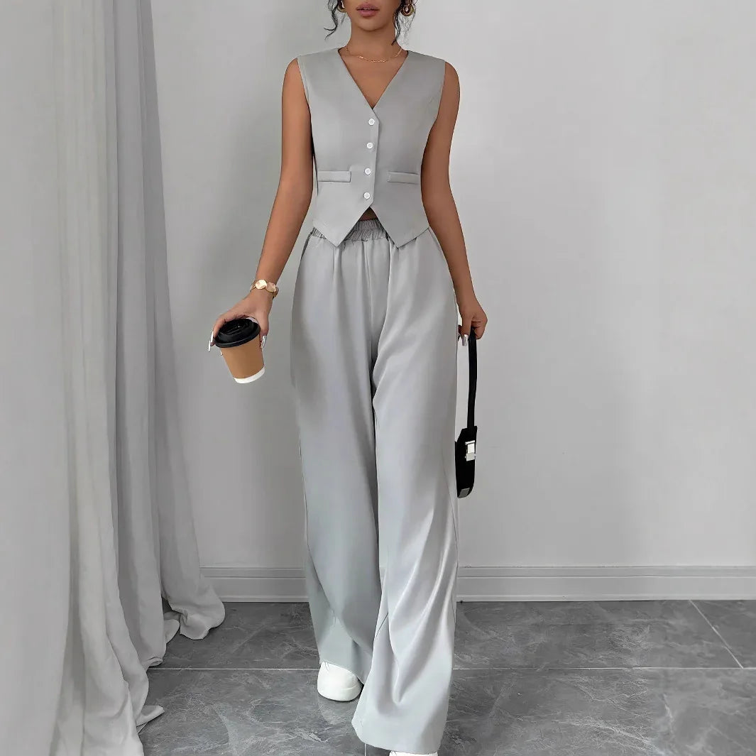 Elegant Button-front Sleeveless Vest And Trousers Set - Gizmo Galaxy